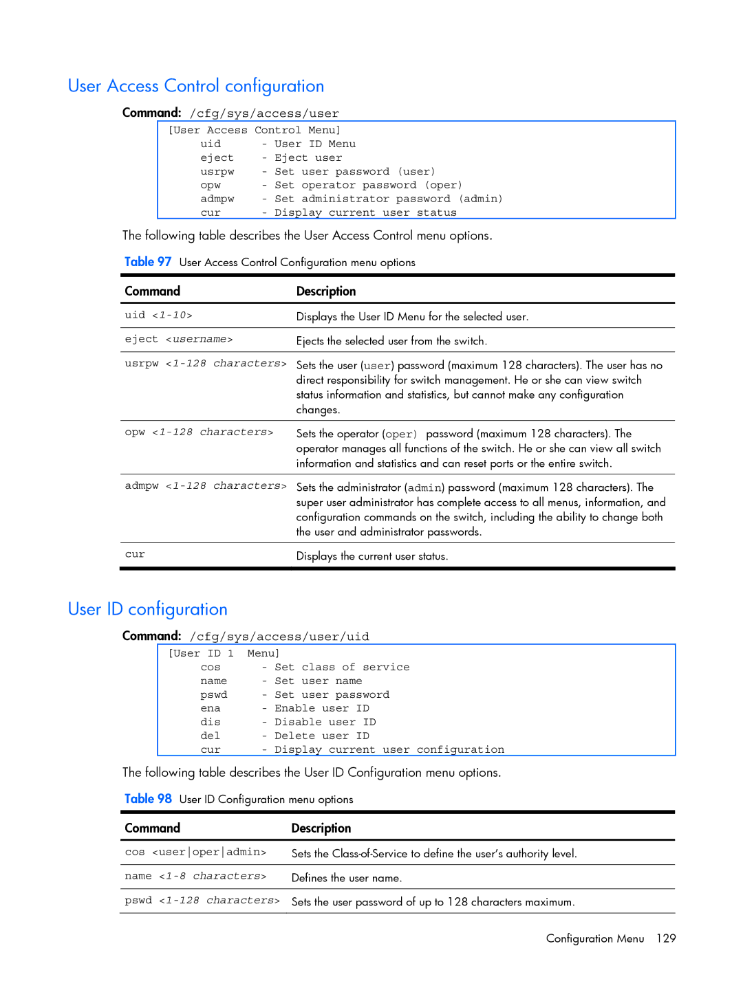 HP BMD00022 User Access Control configuration, User ID configuration, Command /cfg/sys/access/user, Opw 1-128 characters 