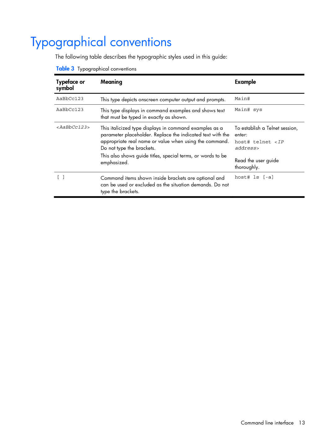 HP BMD00022 manual Typographical conventions, Typeface or Meaning Example Symbol, AaBbCc123, Address 