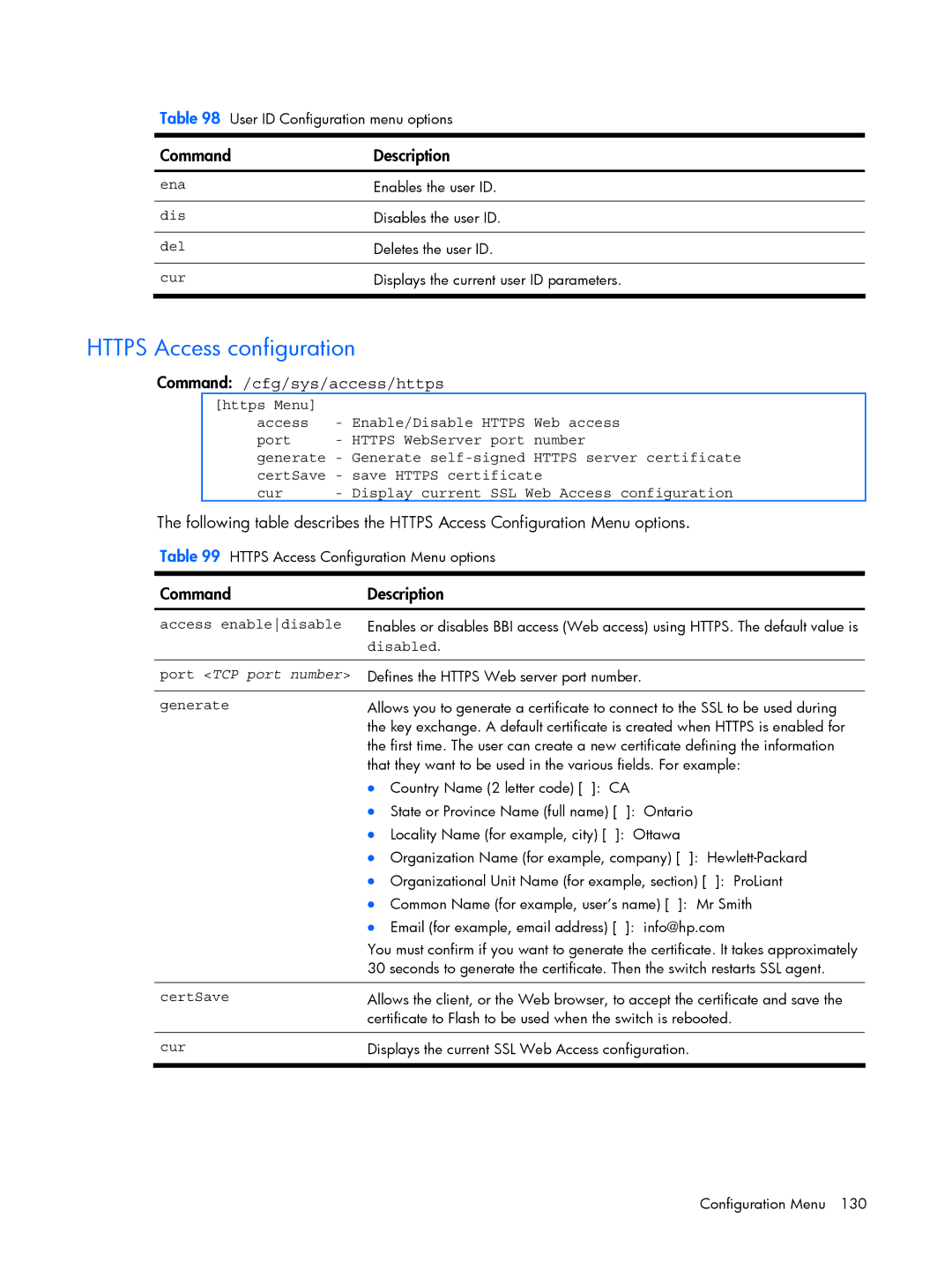 HP BMD00022 manual Https Access configuration, Command /cfg/sys/access/https, Access enabledisable 