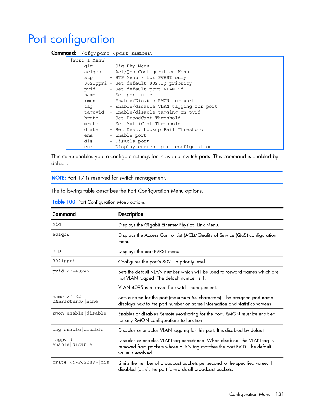 HP BMD00022 manual Port configuration, Command /cfg/port port number 