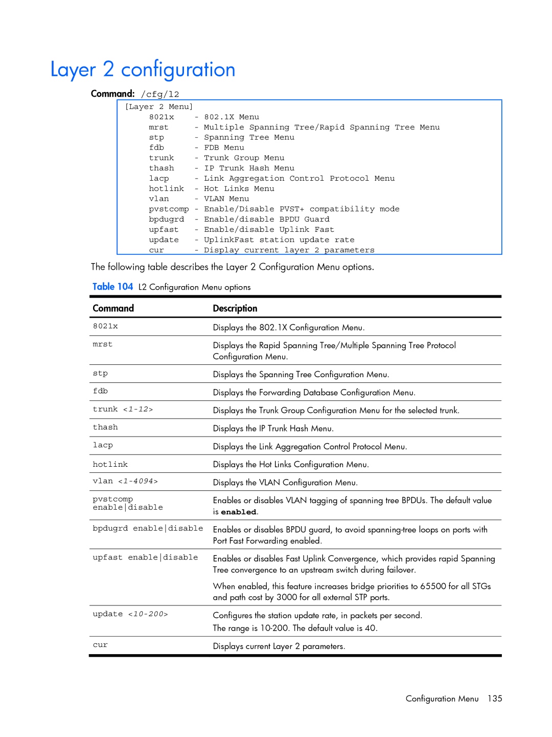 HP BMD00022 manual Layer 2 configuration, Command /cfg/l2, Enabledisable, Bpdugrd enabledisable, Upfast enabledisable 