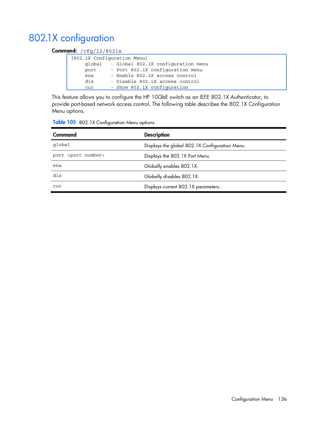 HP BMD00022 manual 802.1X configuration, Command /cfg/l2/8021x 