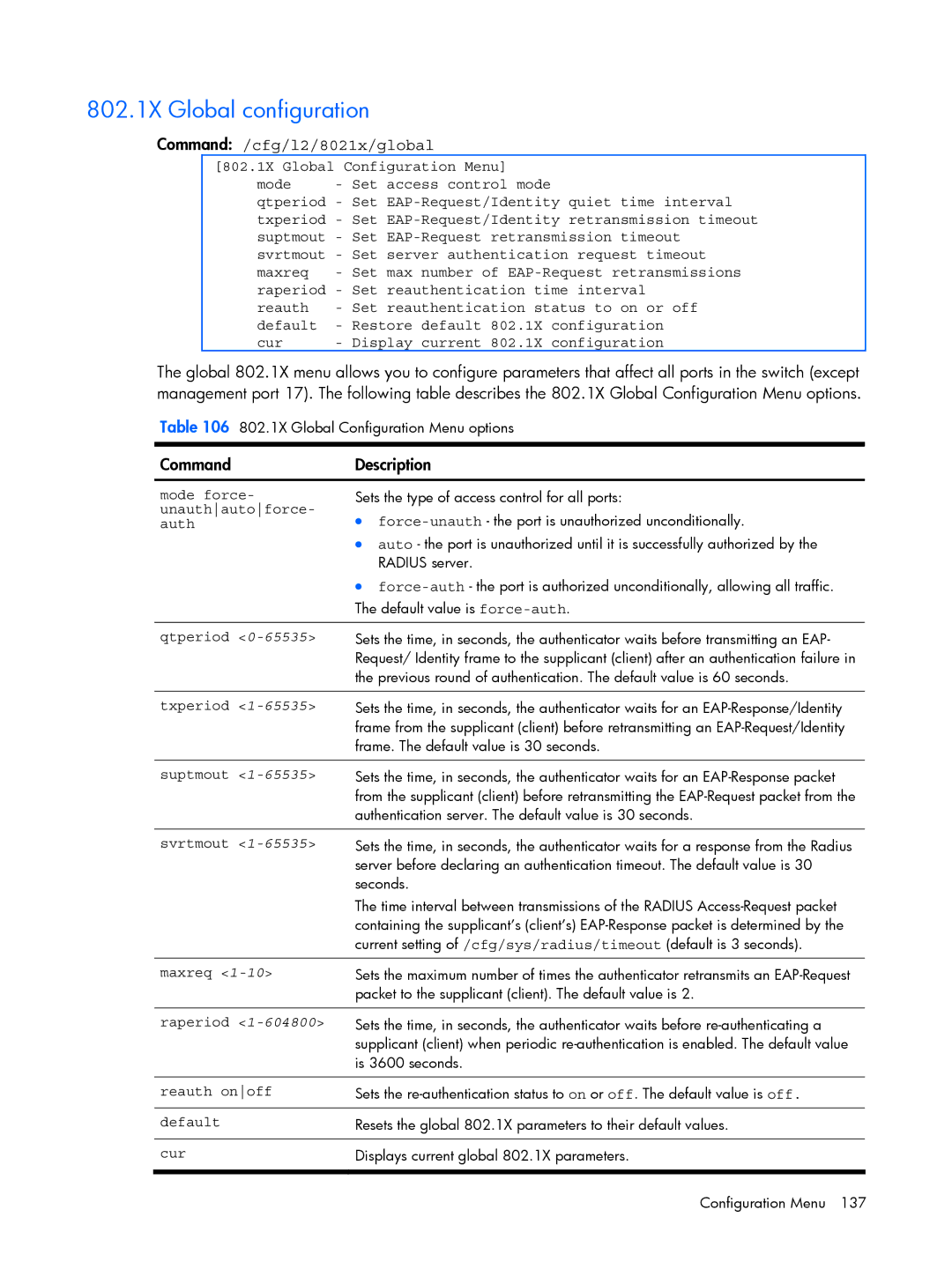 HP BMD00022 manual 802.1X Global configuration, Command /cfg/l2/8021x/global, CommandDescription 
