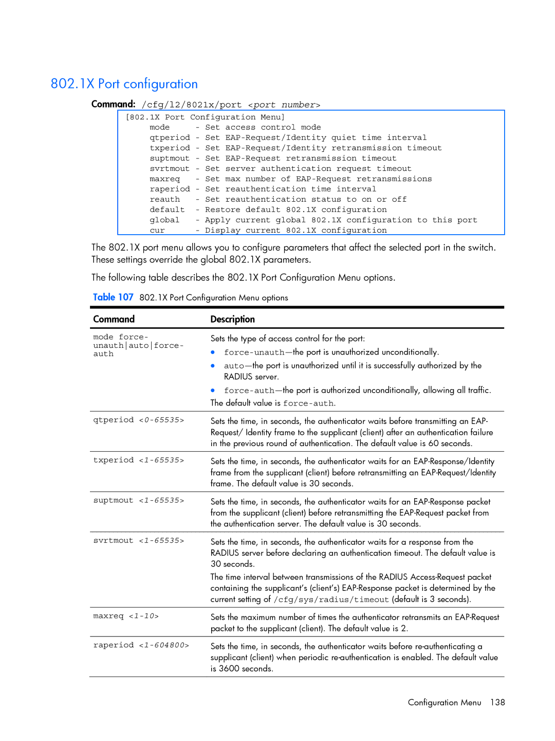 HP BMD00022 manual 802.1X Port configuration, Command /cfg/l2/8021x/port port number, 802.1X Port Configuration Menu 