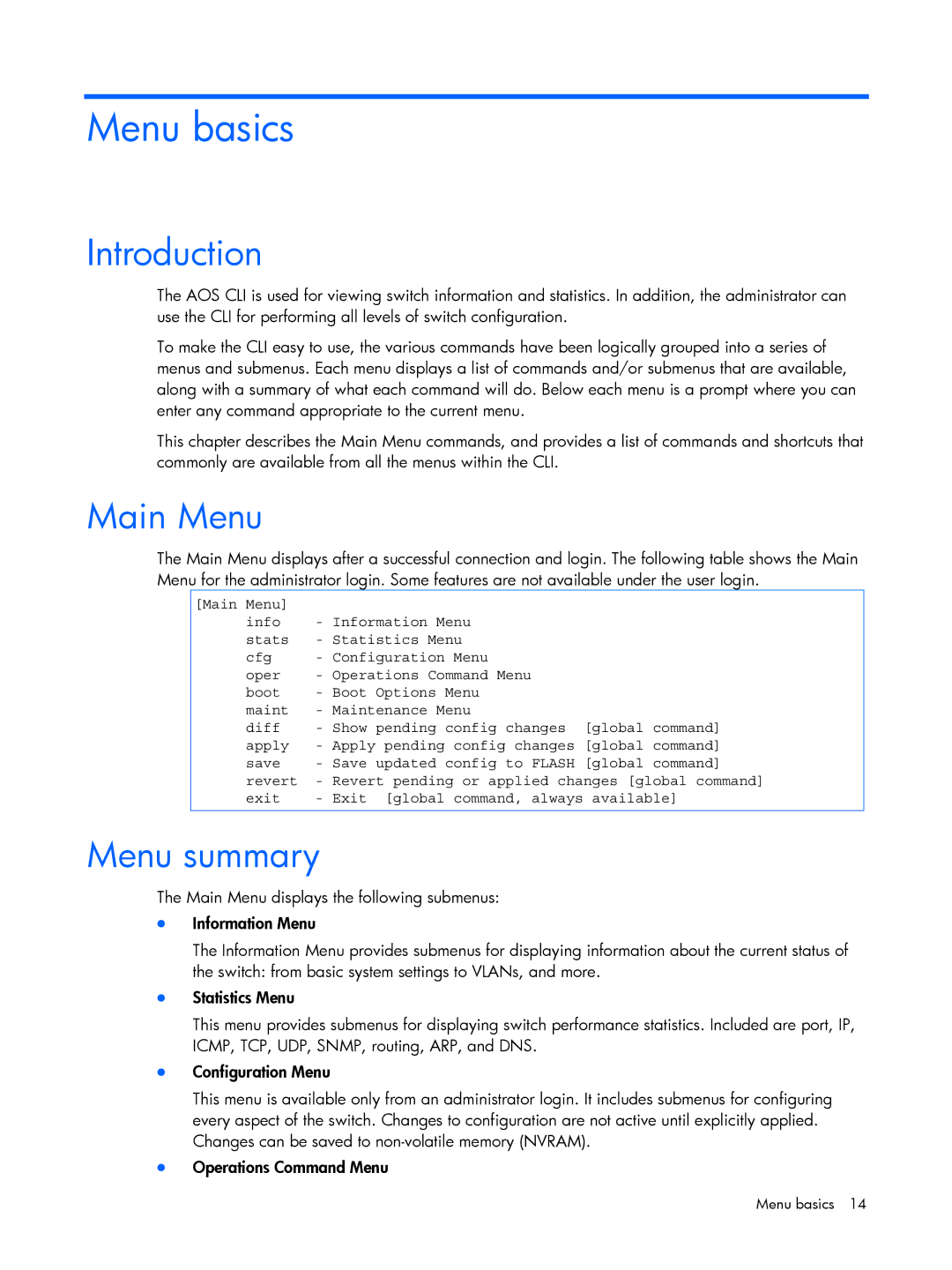 HP BMD00022 manual Main Menu, Menu summary 