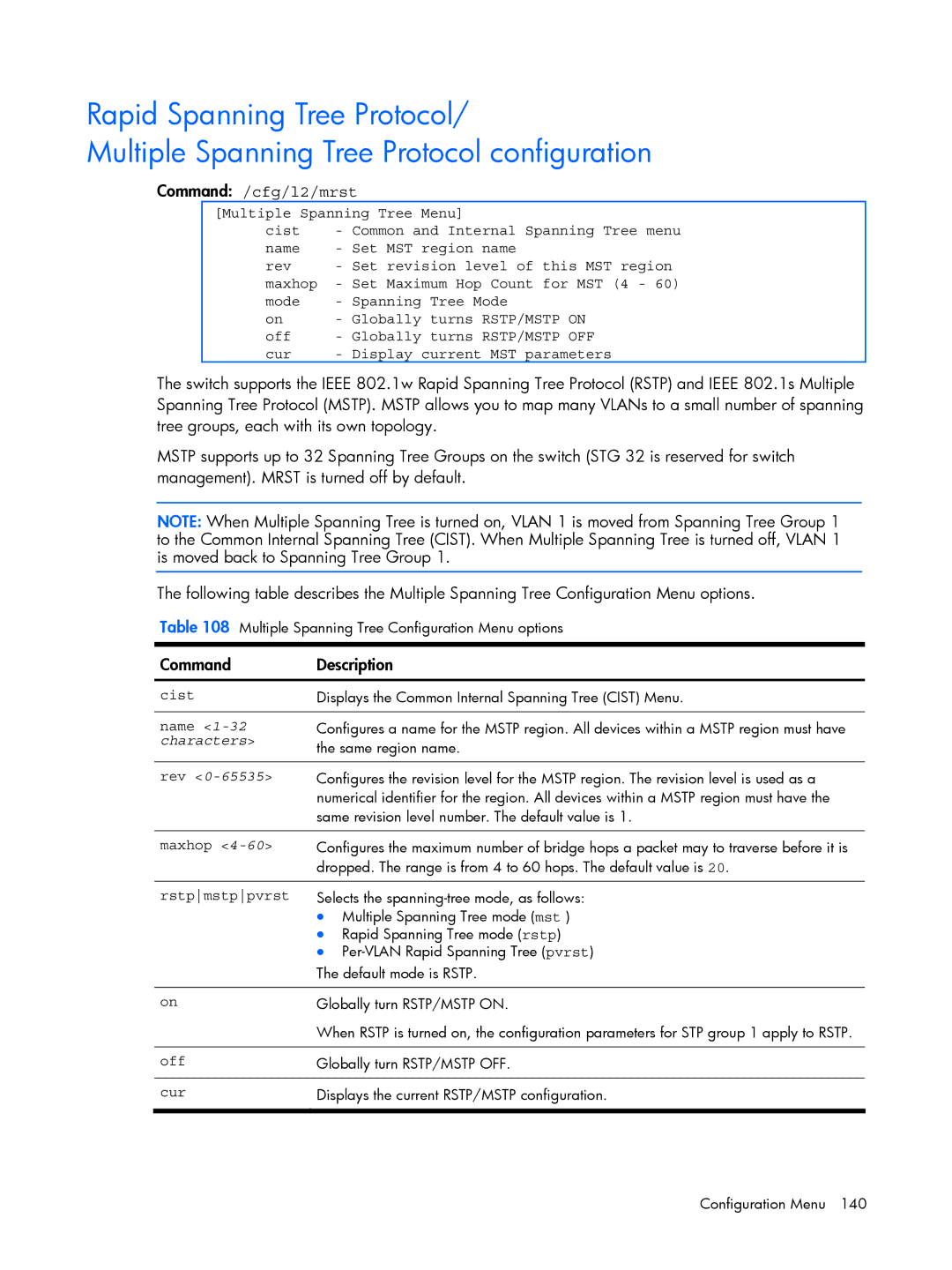 HP BMD00022 manual Command /cfg/l2/mrst, Rev, Rstpmstppvrst 