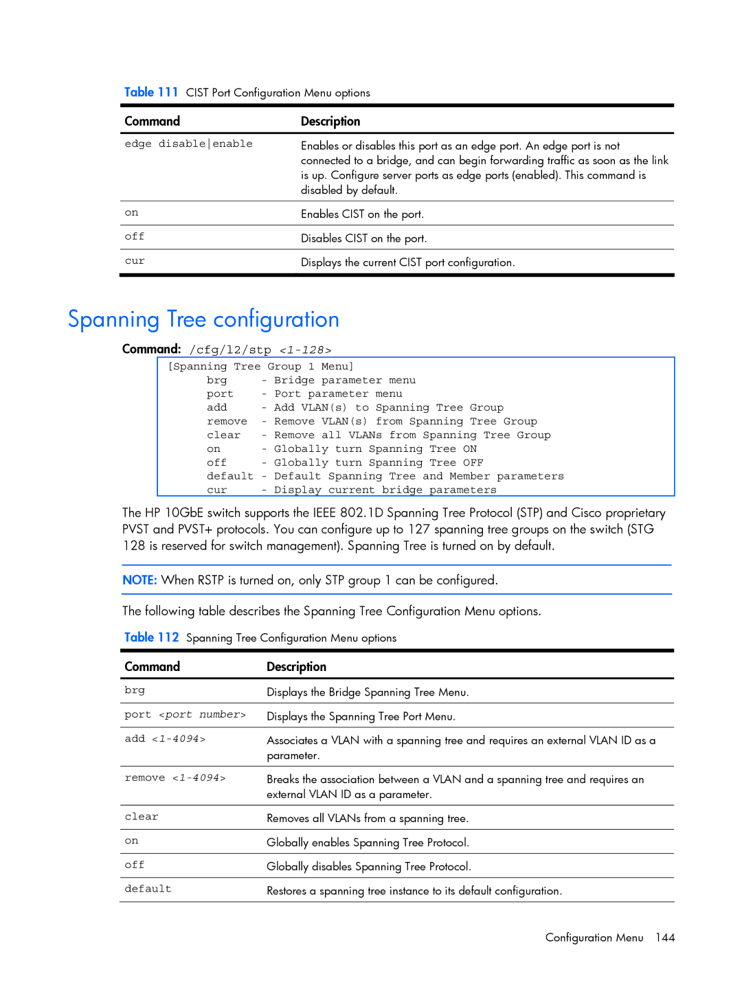 HP BMD00022 manual Spanning Tree configuration, Command /cfg/l2/stp, Edge disableenable 