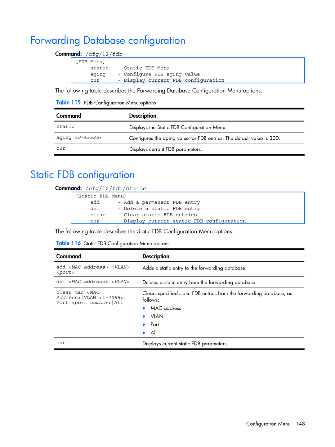 HP BMD00022 manual Forwarding Database configuration, Static FDB configuration, Command /cfg/l2/fdb/static 