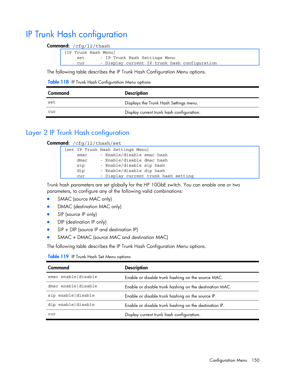 HP BMD00022 manual Layer 2 IP Trunk Hash configuration, Command /cfg/l2/thash/set 