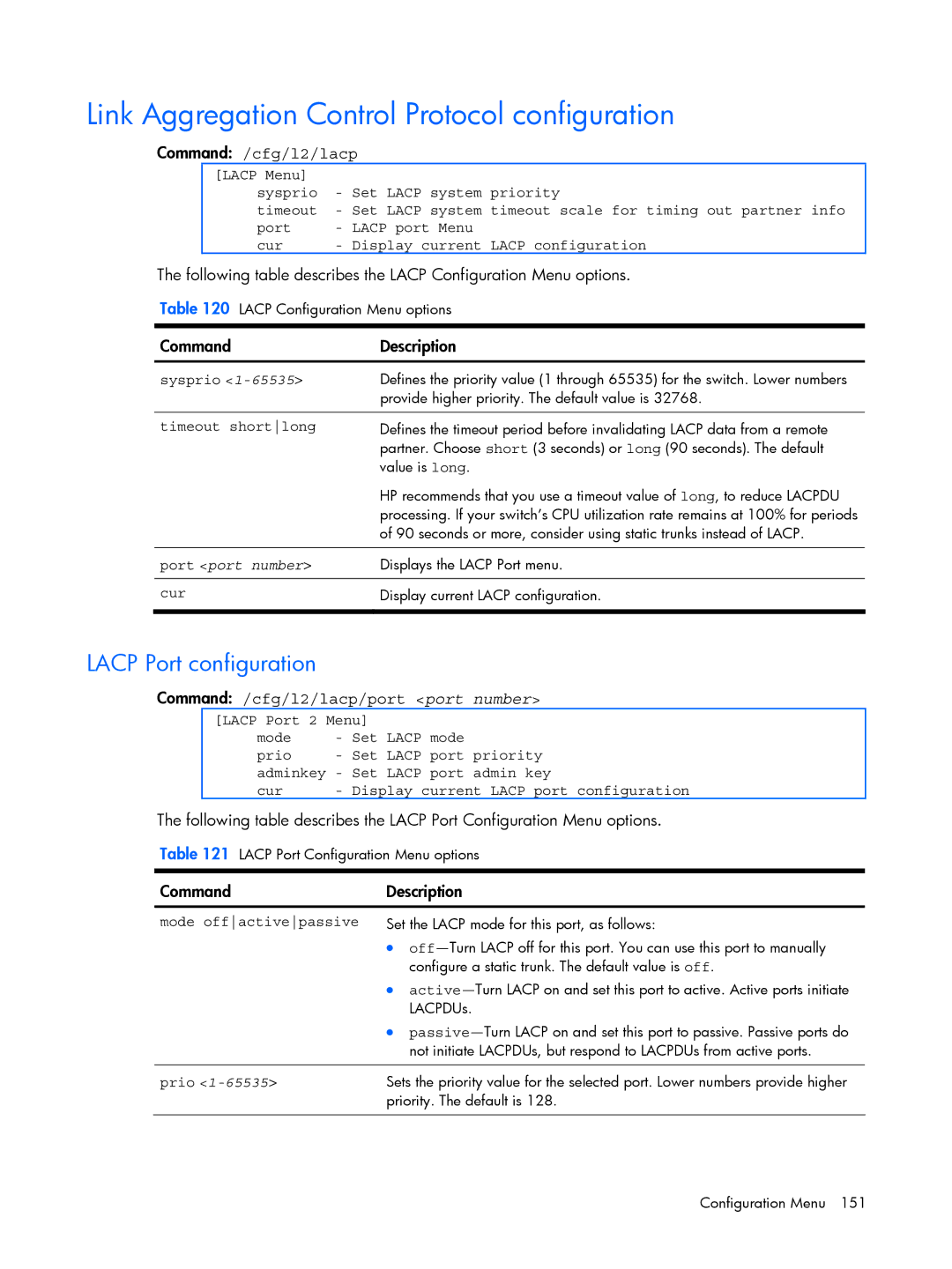 HP BMD00022 manual Link Aggregation Control Protocol configuration, Lacp Port configuration, Command /cfg/l2/lacp, Prio 