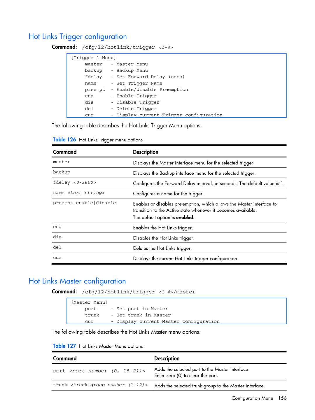 HP BMD00022 manual Hot Links Trigger configuration, Hot Links Master configuration, Command /cfg/l2/hotlink/trigger 