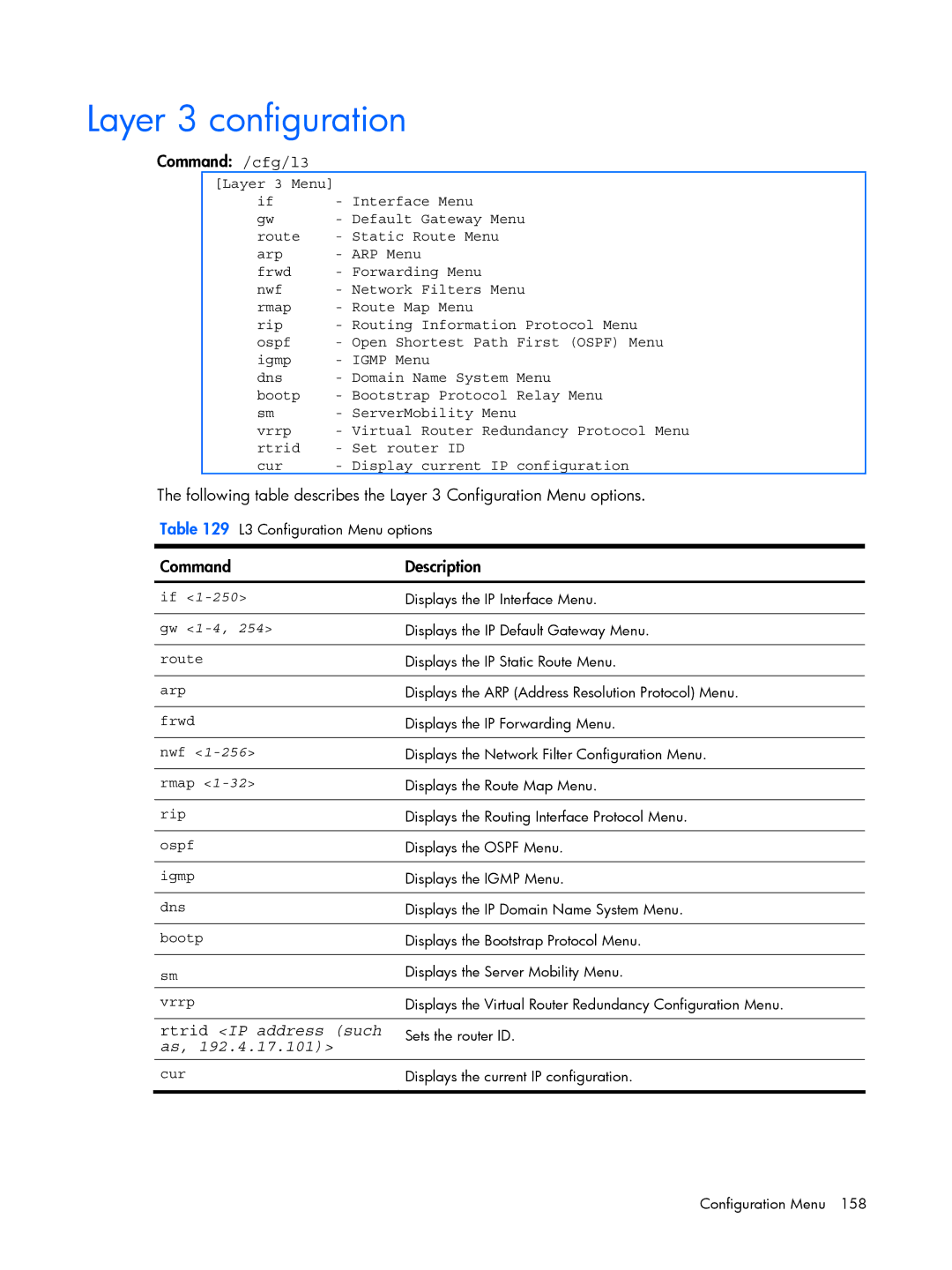 HP BMD00022 manual Layer 3 configuration, Command /cfg/l3, Gw 1-4 