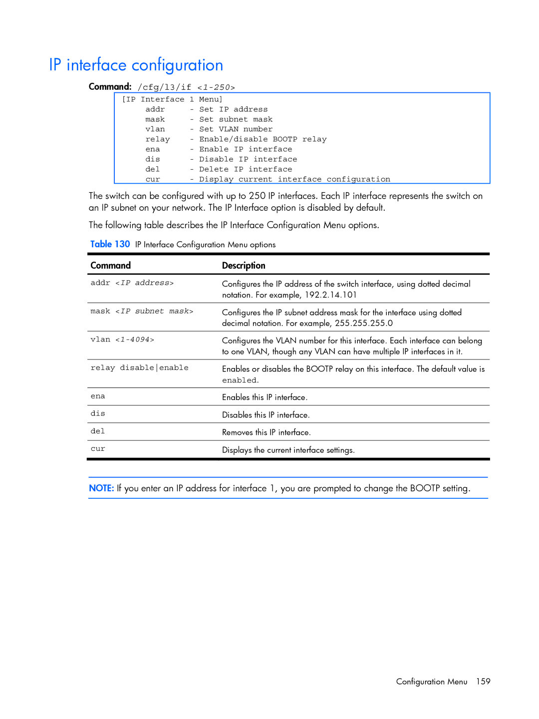 HP BMD00022 IP interface configuration, Command /cfg/l3/if, Addr IP address, Mask IP subnet mask, Relay disableenable 