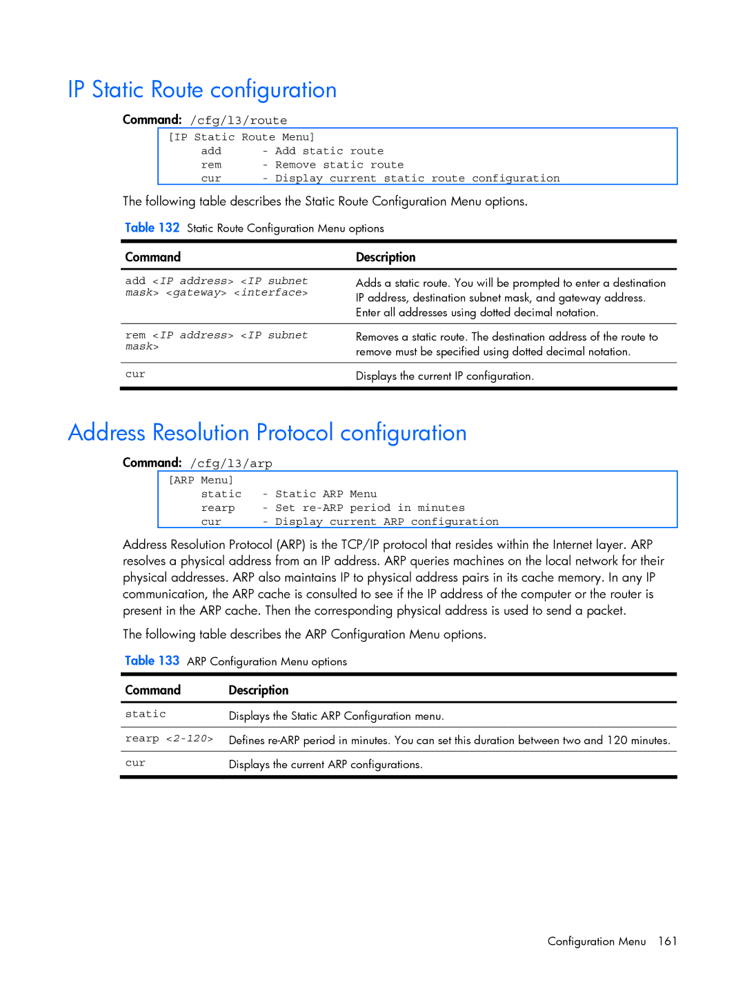 HP BMD00022 manual IP Static Route configuration, Address Resolution Protocol configuration, Command /cfg/l3/route 