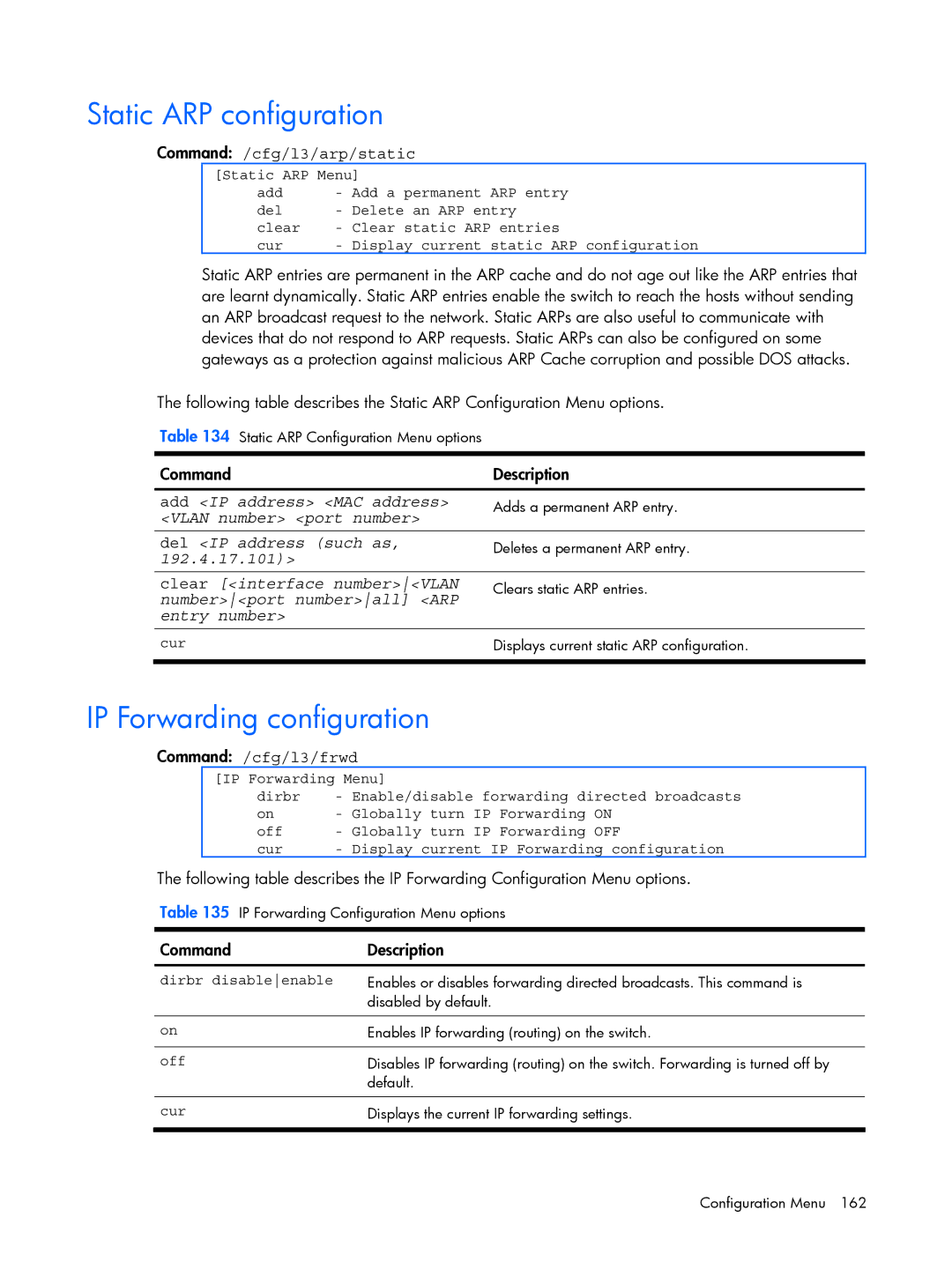 HP BMD00022 manual Static ARP configuration, IP Forwarding configuration, Command /cfg/l3/arp/static, Command /cfg/l3/frwd 