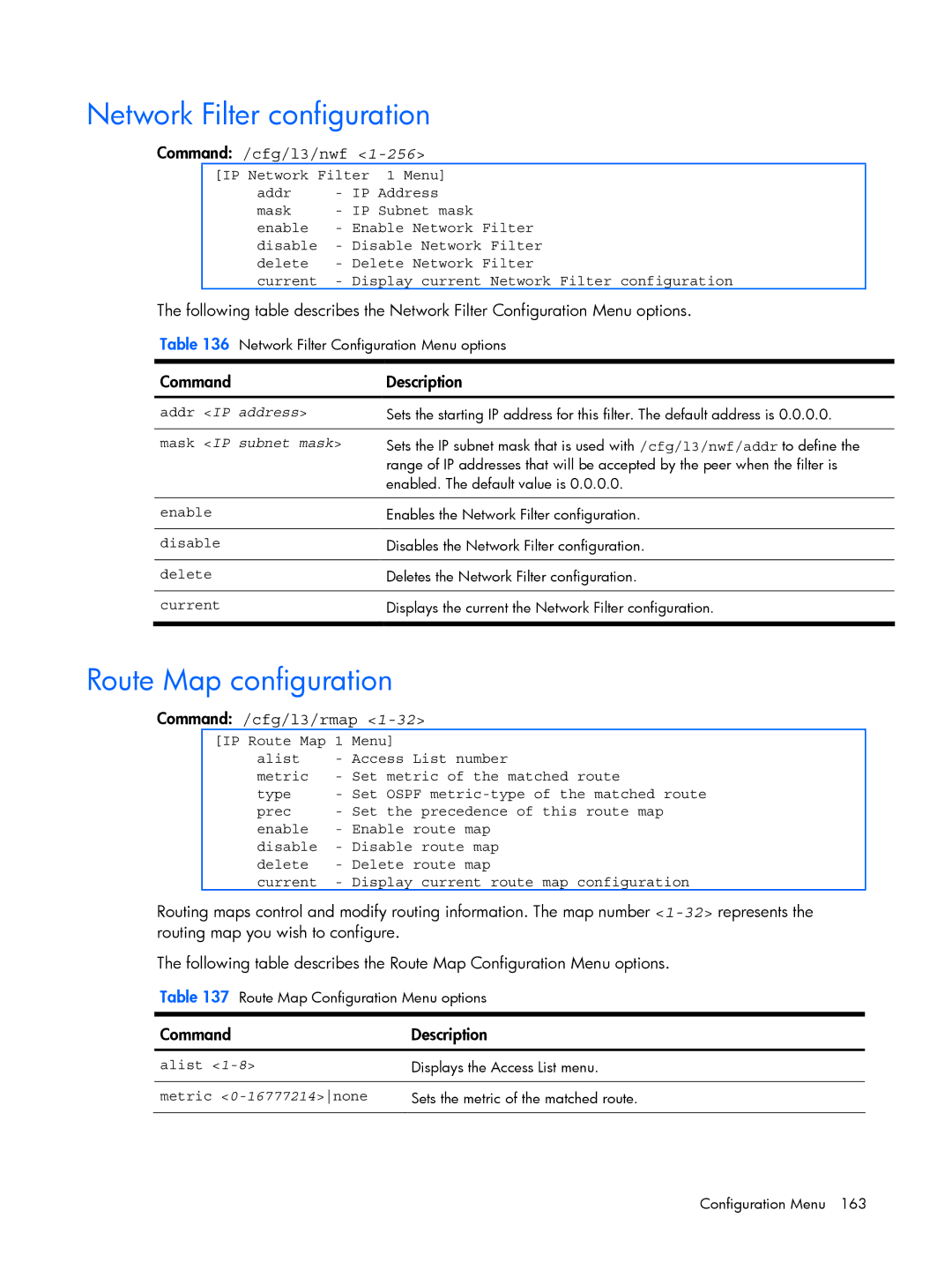 HP BMD00022 manual Network Filter configuration, Route Map configuration, Command /cfg/l3/nwf, Command /cfg/l3/rmap 