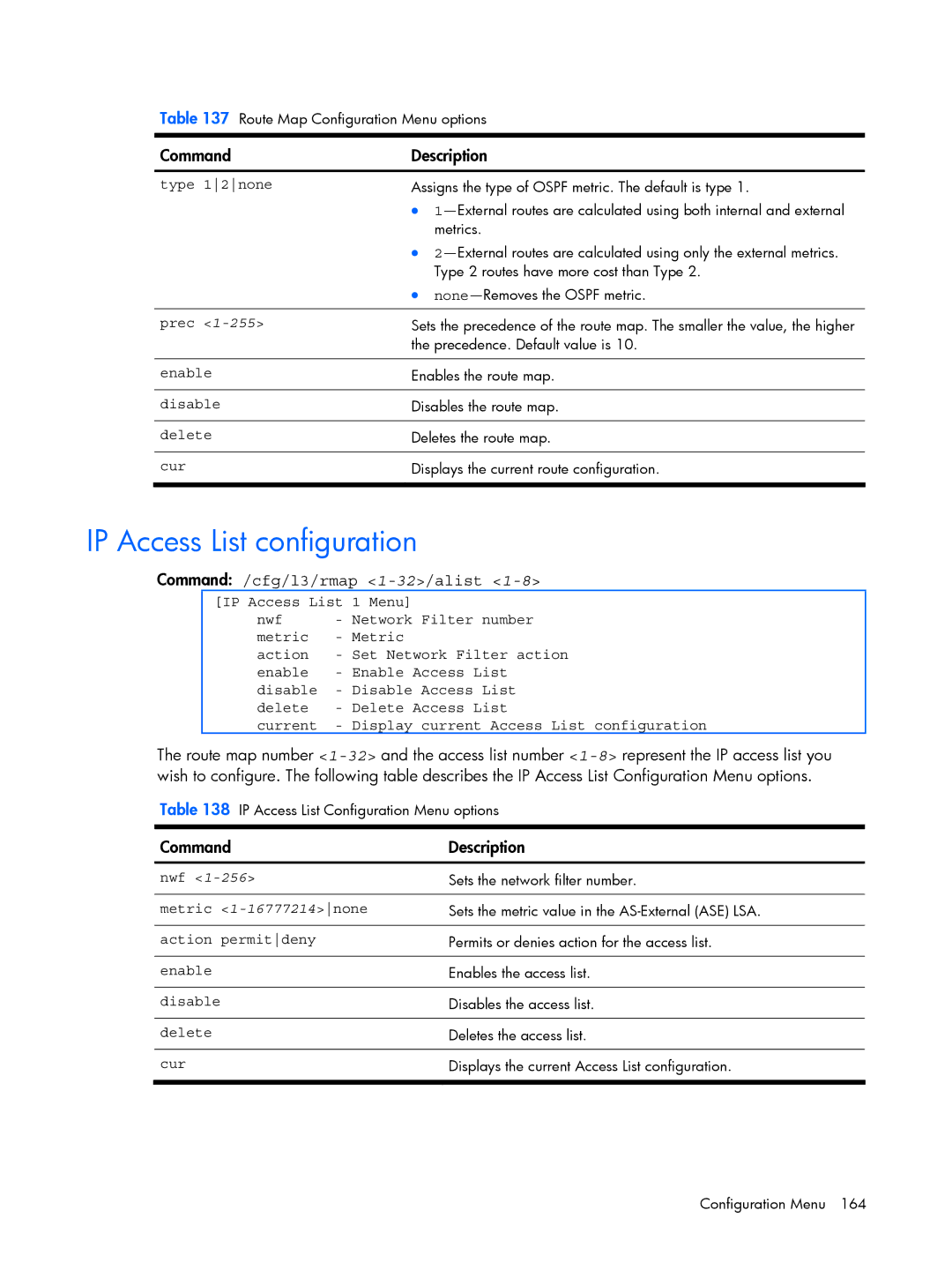 HP BMD00022 manual IP Access List configuration, Command /cfg/l3/rmap 1-32/alist, Type 12none, Metric 1-16777214none 