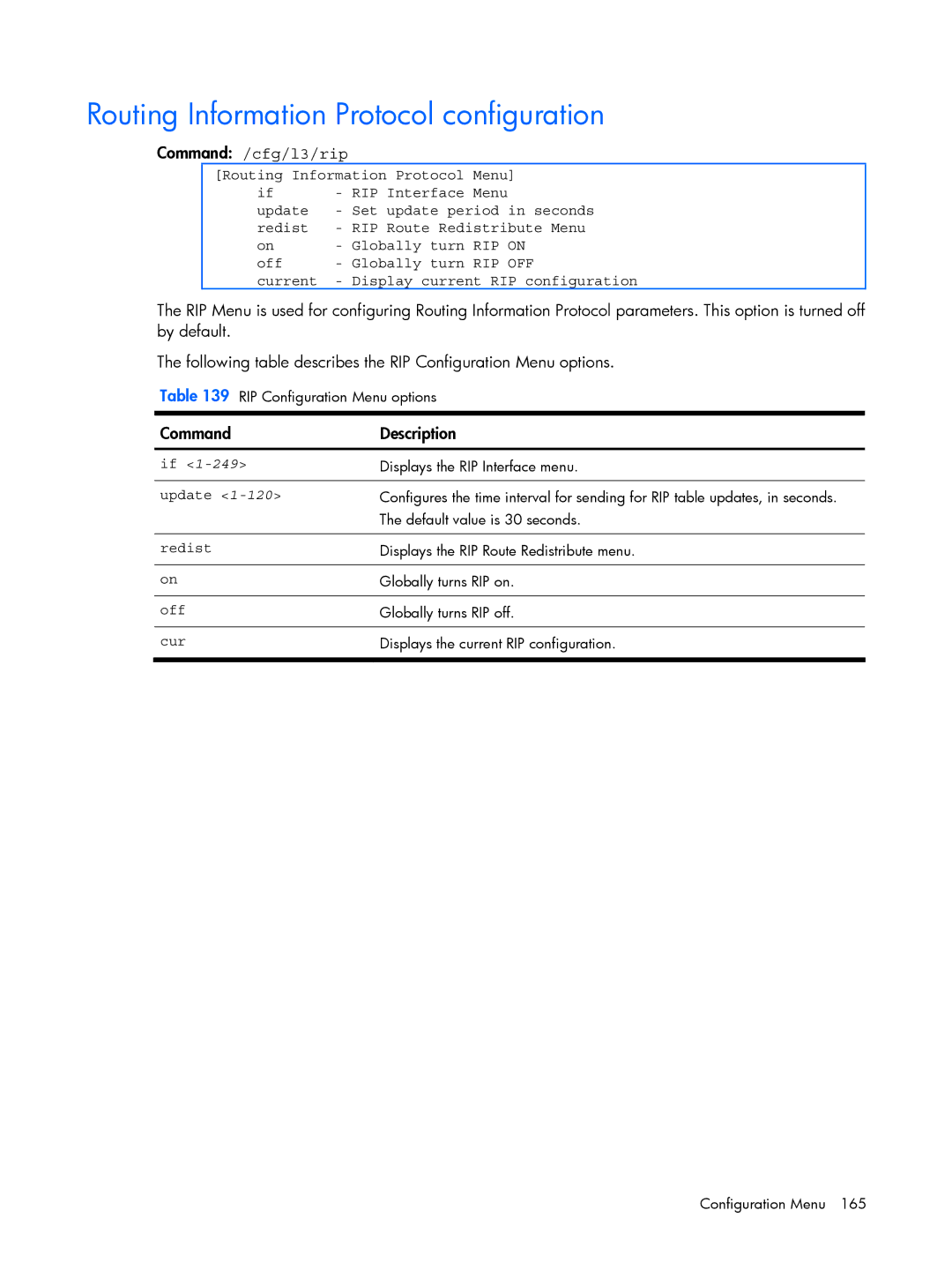 HP BMD00022 manual Routing Information Protocol configuration, Command /cfg/l3/rip, Off Globally turn 