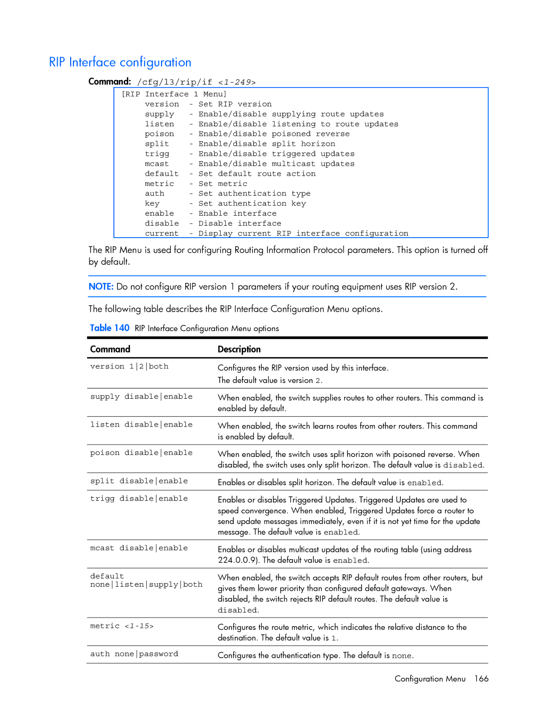 HP BMD00022 manual RIP Interface configuration, Command /cfg/l3/rip/if 