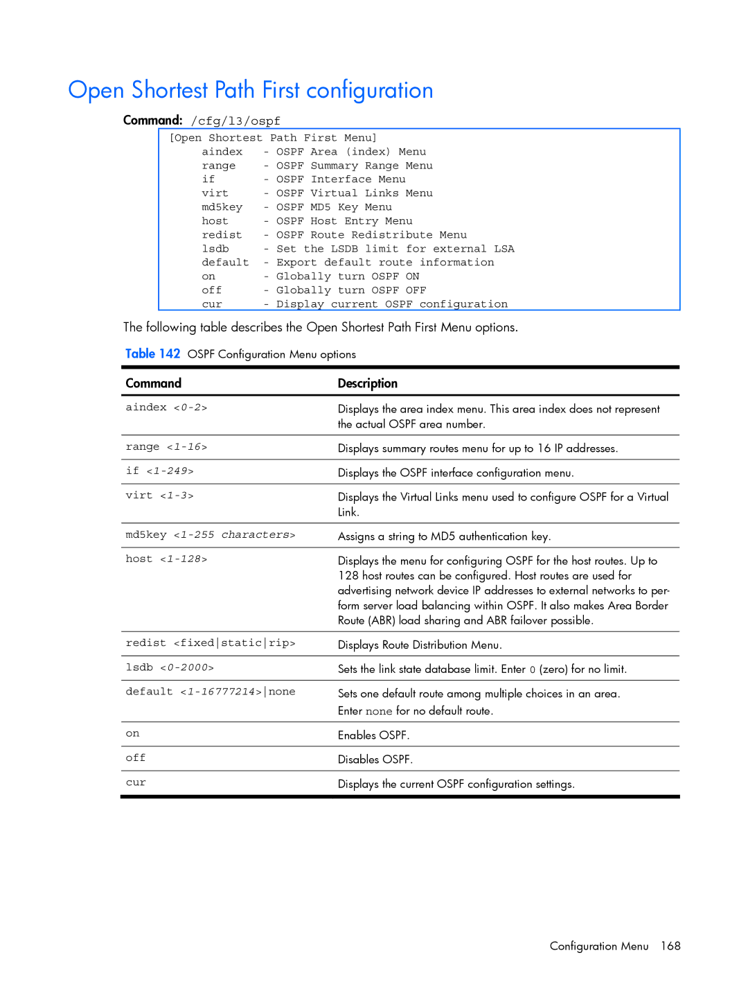 HP BMD00022 manual Open Shortest Path First configuration, Command /cfg/l3/ospf, Md5key 1-255 characters 