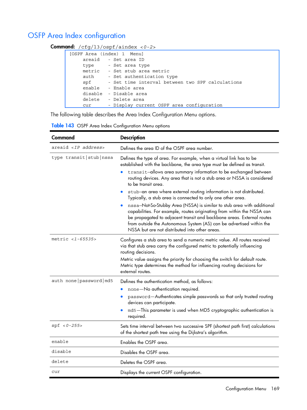 HP BMD00022 manual Osfp Area Index configuration, Command /cfg/l3/ospf/aindex, Areaid IP address, Type transitstubnssa 