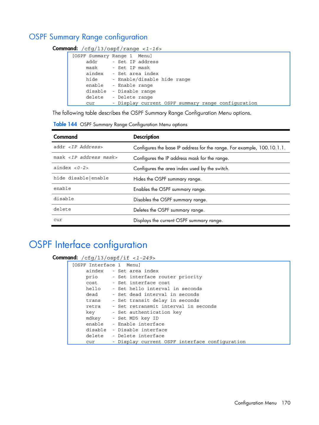 HP BMD00022 manual Ospf Interface configuration, Ospf Summary Range configuration, Command /cfg/l3/ospf/range 