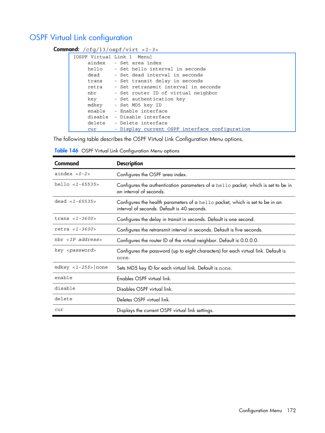 HP BMD00022 manual Ospf Virtual Link configuration, Command /cfg/l3/ospf/virt, Nbr IP address, Key password 