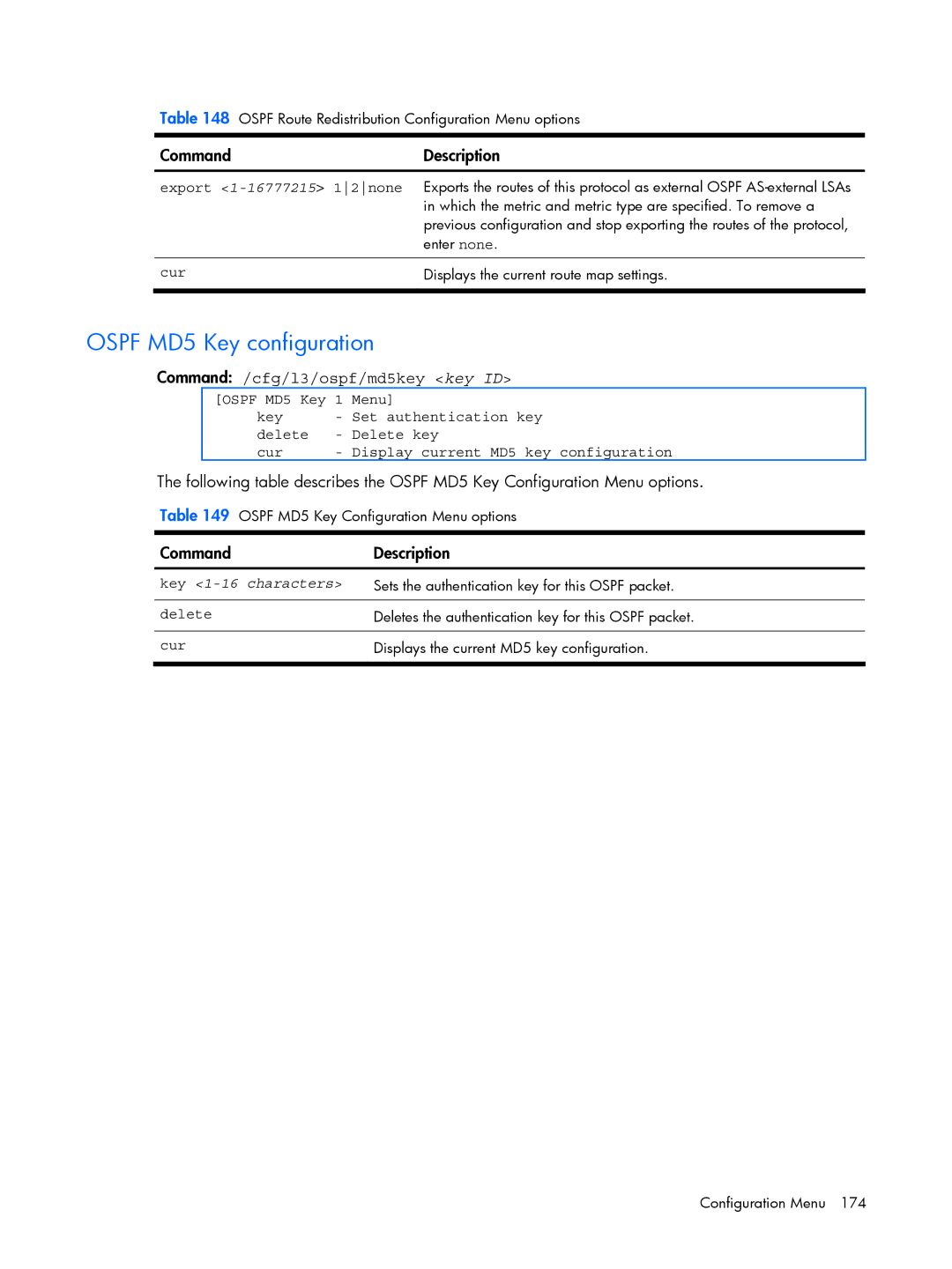 HP BMD00022 Ospf MD5 Key configuration, Command /cfg/l3/ospf/md5key key ID, Export 1-16777215 12none, Key 1-16 characters 