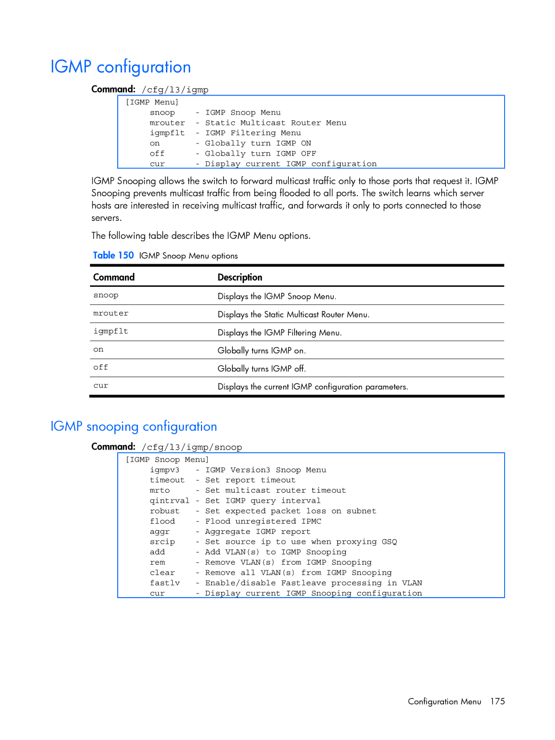 HP BMD00022 manual Igmp configuration, Igmp snooping configuration, Command /cfg/l3/igmp/snoop 