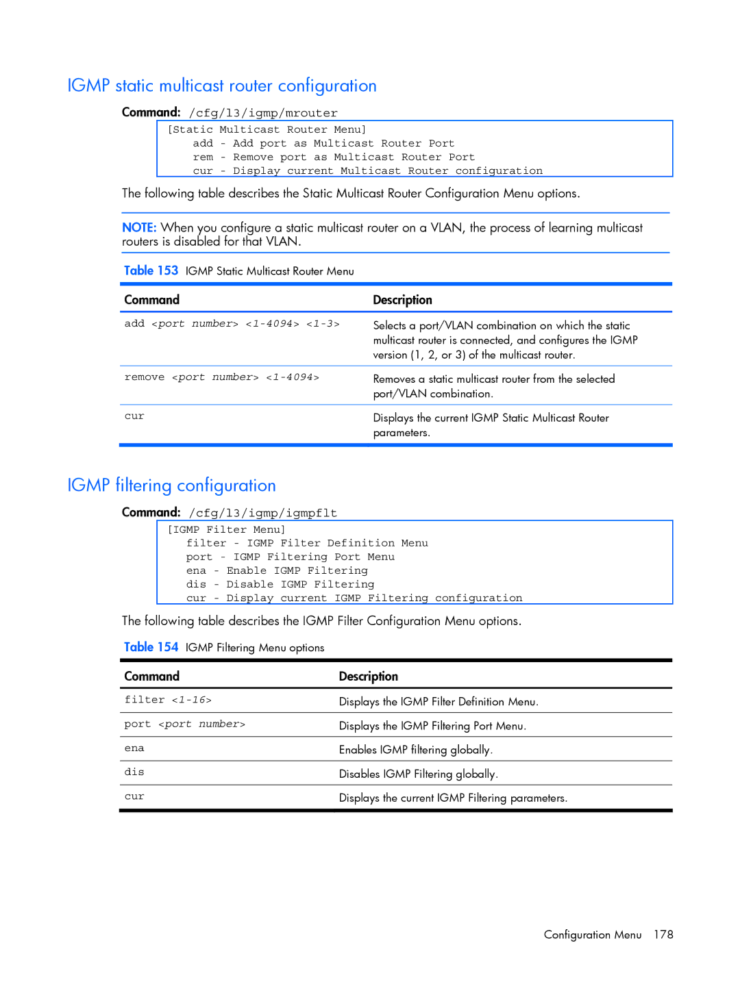 HP BMD00022 manual Igmp static multicast router configuration, Igmp filtering configuration, Add port number 1-4094, Filter 