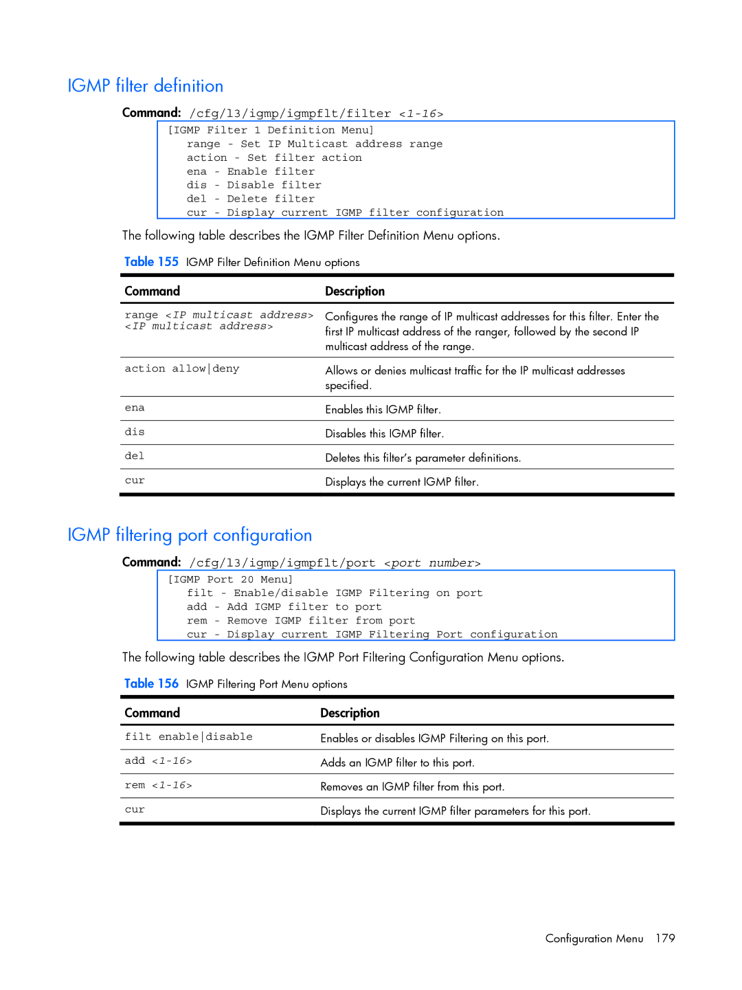 HP BMD00022 manual Igmp filter definition, Igmp filtering port configuration, Command /cfg/l3/igmp/igmpflt/filter 