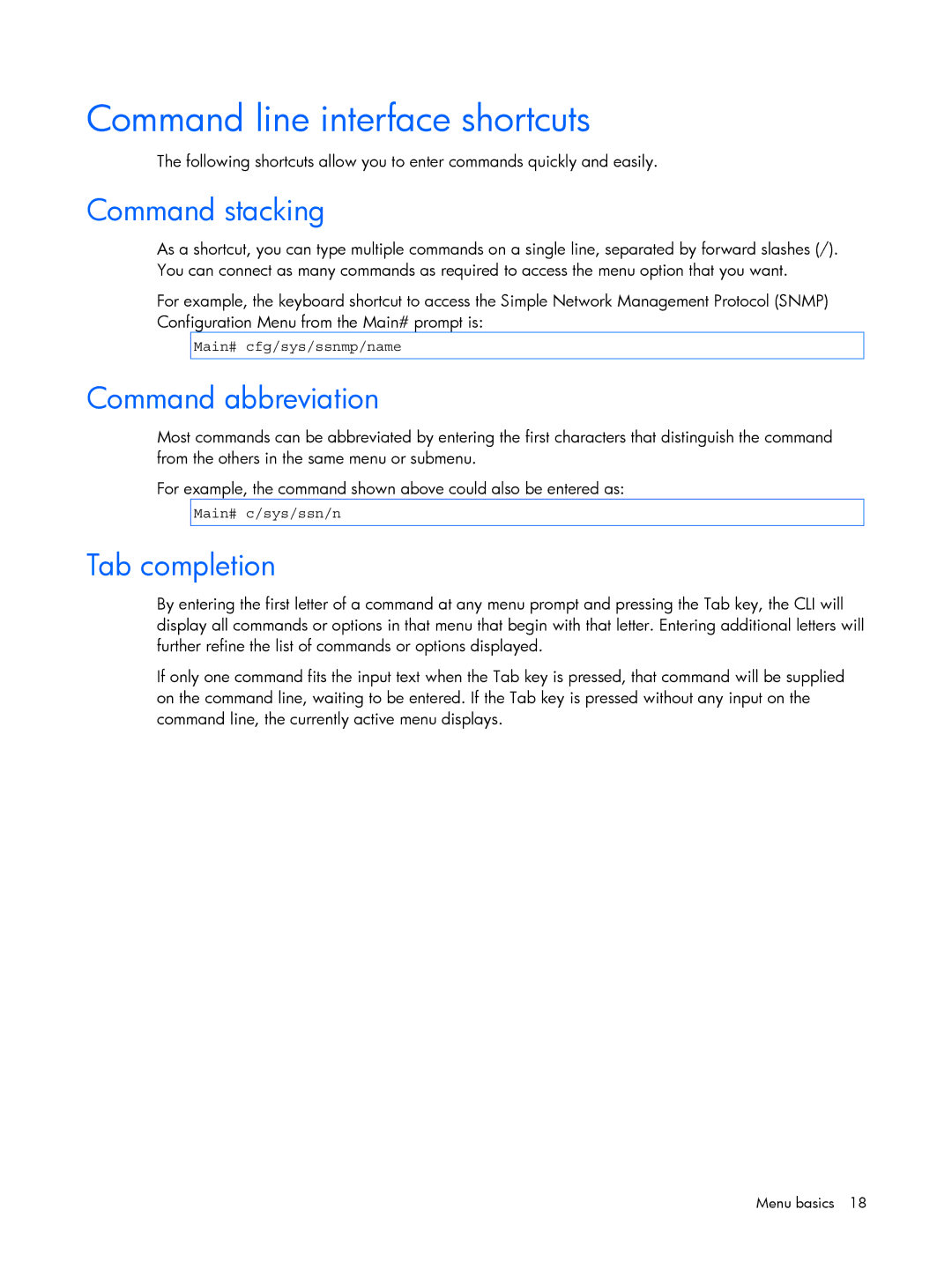 HP BMD00022 manual Command line interface shortcuts, Command stacking, Command abbreviation, Tab completion 