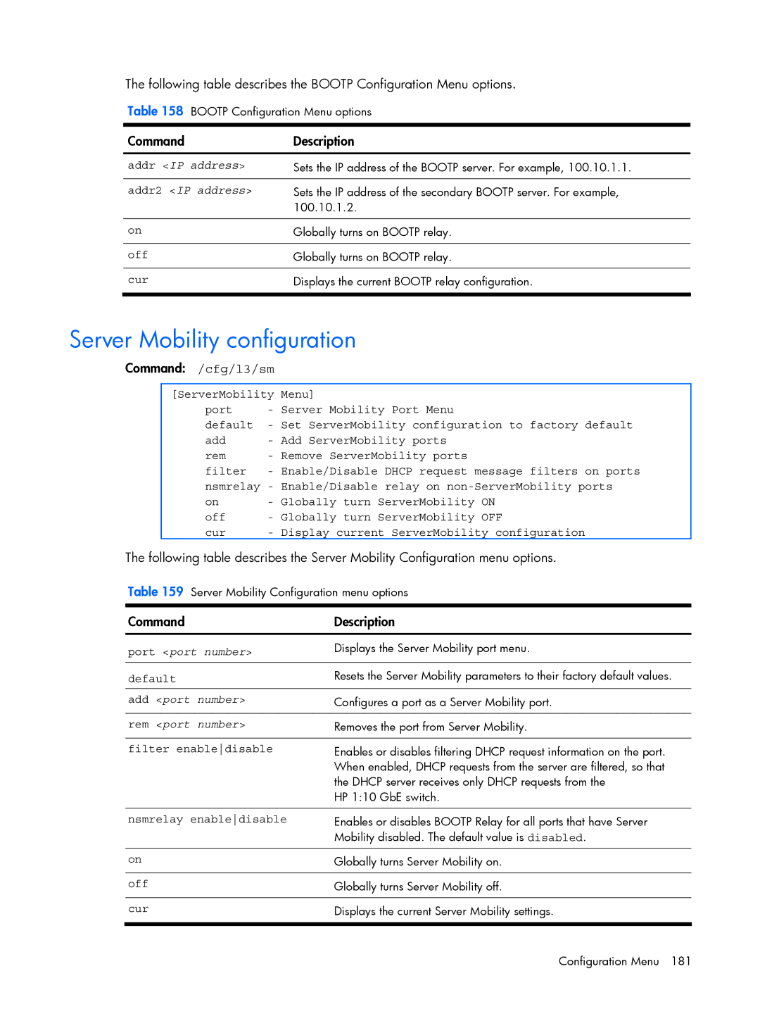 HP BMD00022 manual Server Mobility configuration, Command /cfg/l3/sm, Addr2 IP address, Filter enabledisable 