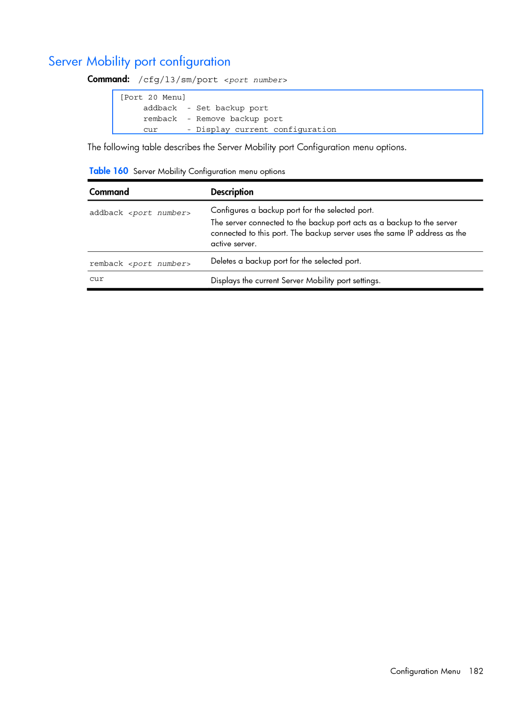 HP BMD00022 manual Server Mobility port configuration, Command /cfg/l3/sm/port port number, Addback port number 