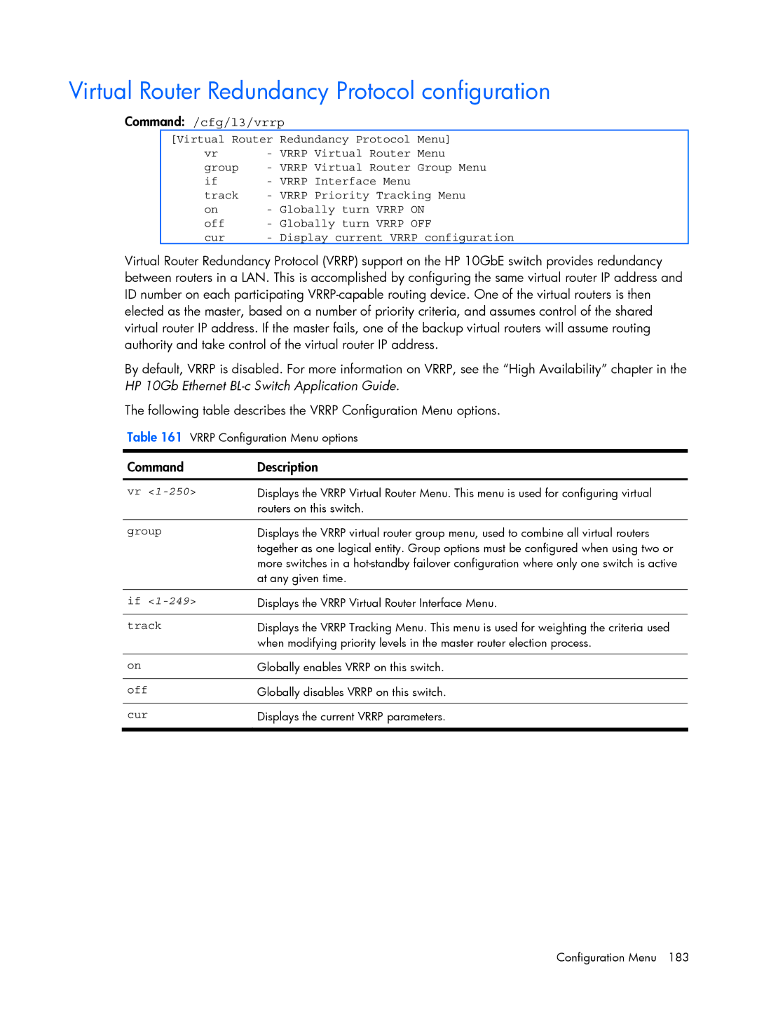 HP BMD00022 Virtual Router Redundancy Protocol configuration, Command /cfg/l3/vrrp, Cur Display current Vrrp configuration 