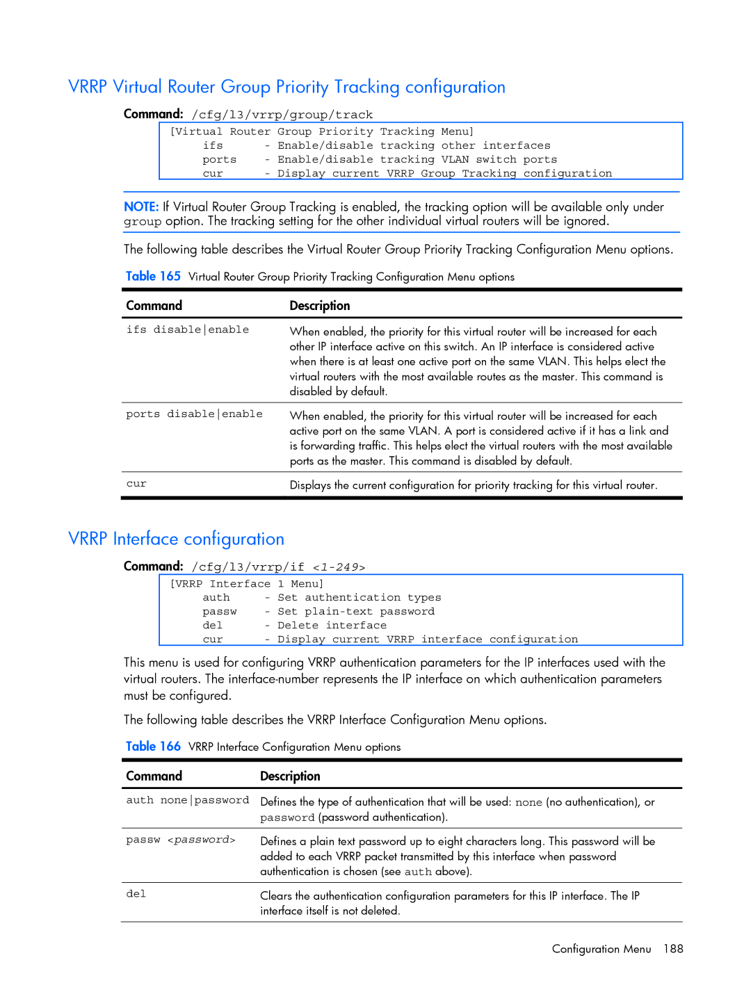 HP BMD00022 manual Vrrp Virtual Router Group Priority Tracking configuration, Vrrp Interface configuration, Passw password 