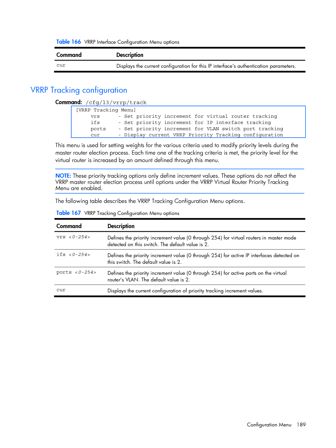 HP BMD00022 manual Vrrp Tracking configuration, Command /cfg/l3/vrrp/track 