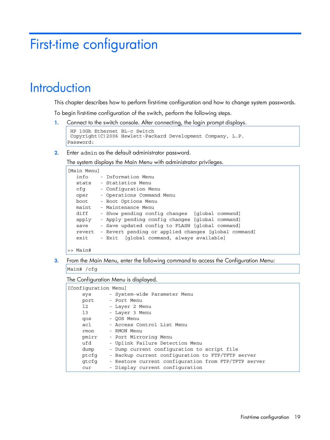 HP BMD00022 manual Configuration Menu is displayed, Main# /cfg 