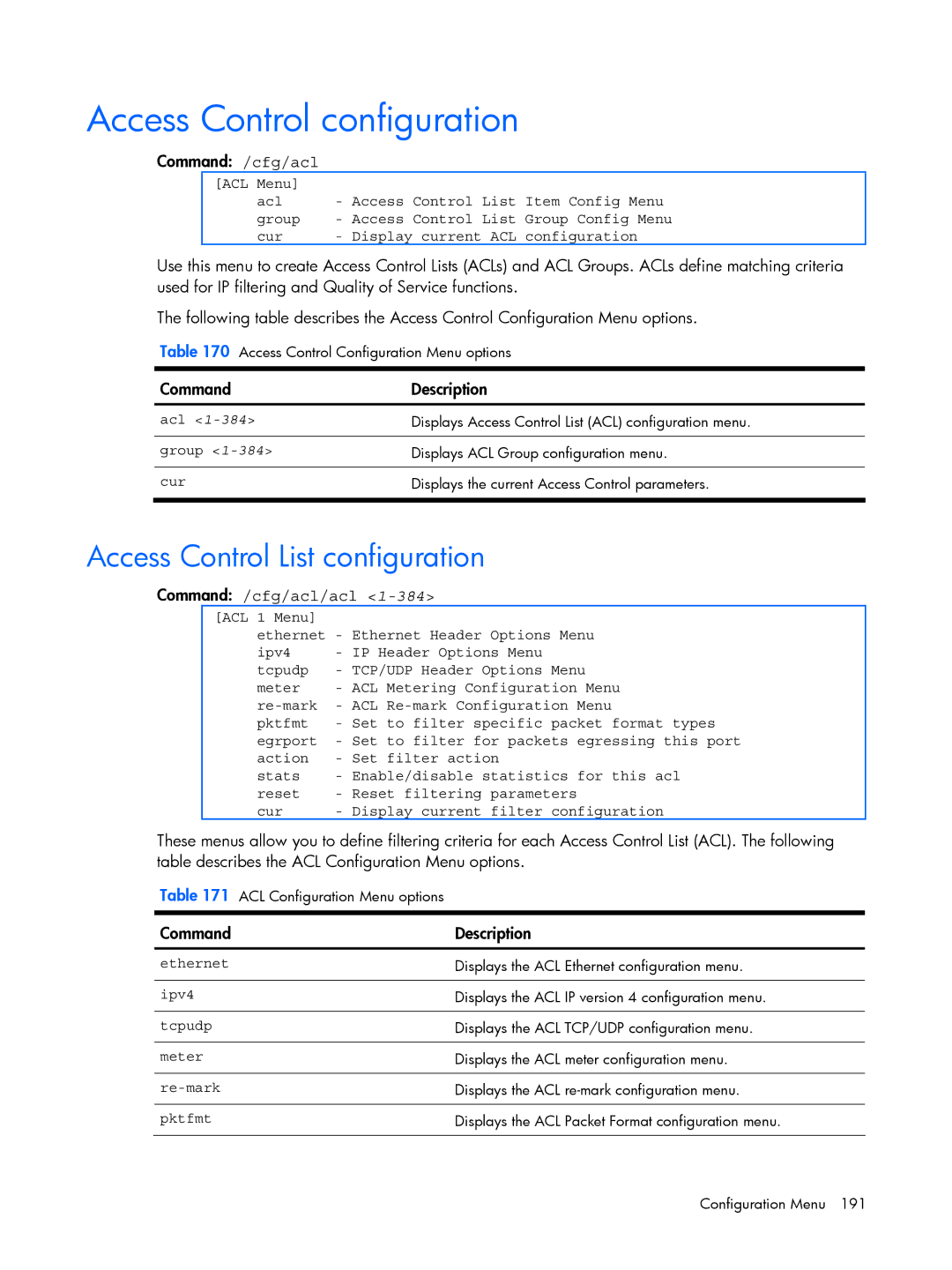 HP BMD00022 manual Access Control configuration, Access Control List configuration, Command /cfg/acl/acl 