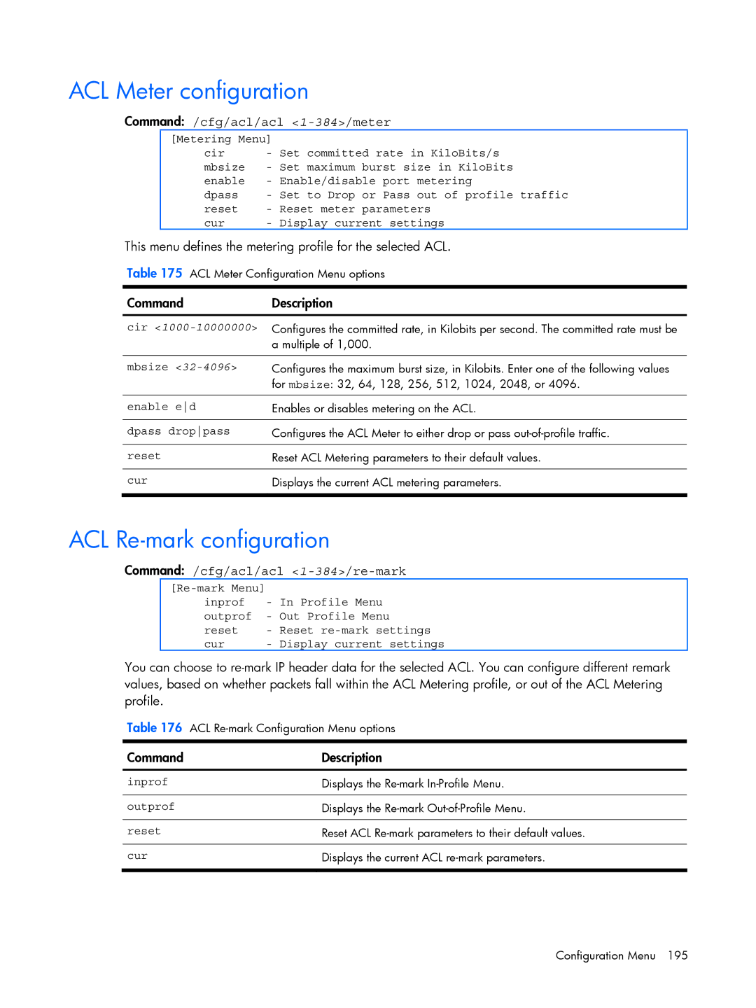 HP BMD00022 manual ACL Meter configuration, ACL Re-mark configuration, Command /cfg/acl/acl 1-384/meter 