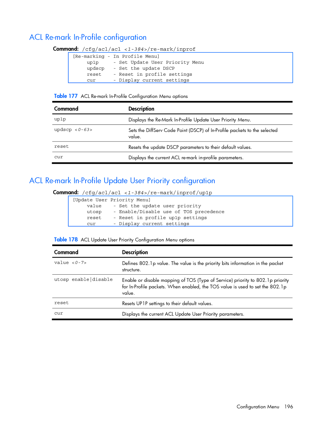 HP BMD00022 manual ACL Re-mark In-Profile configuration, ACL Re-mark In-Profile Update User Priority configuration 