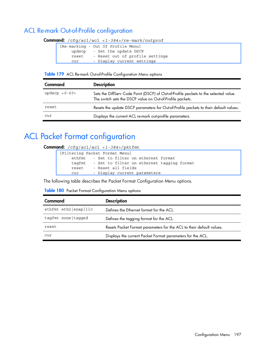 HP BMD00022 ACL Packet Format configuration, ACL Re-mark Out-of-Profile configuration, Command /cfg/acl/acl 1-384/pktfmt 