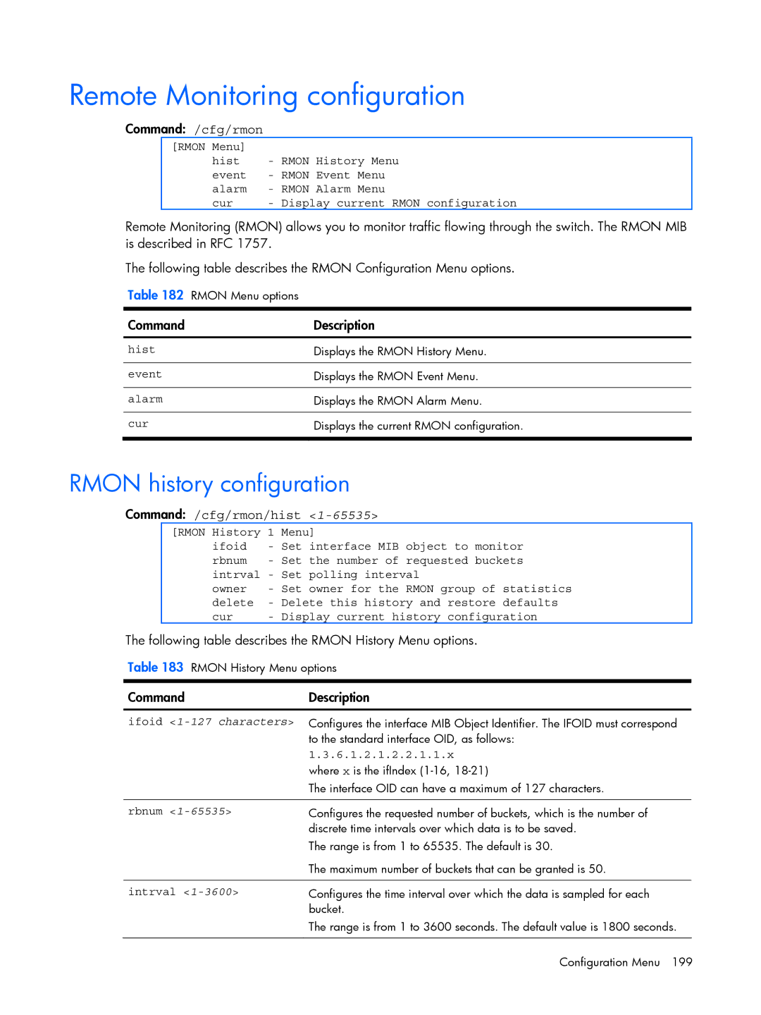 HP BMD00022 manual Remote Monitoring configuration, Rmon history configuration, Command /cfg/rmon/hist 