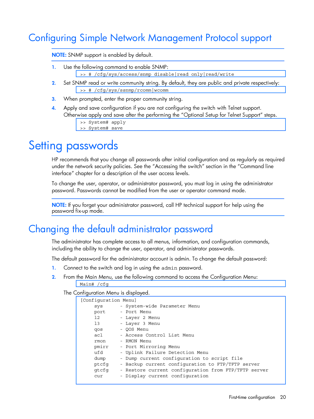 HP BMD00022 manual Setting passwords, Configuring Simple Network Management Protocol support 