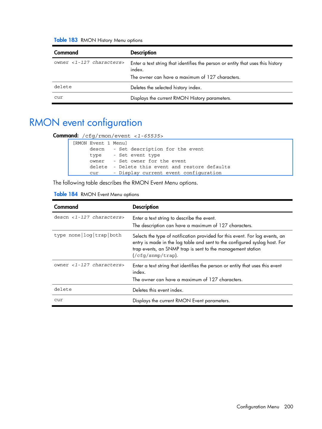 HP BMD00022 manual Rmon event configuration, Command /cfg/rmon/event, Following table describes the Rmon Event Menu options 