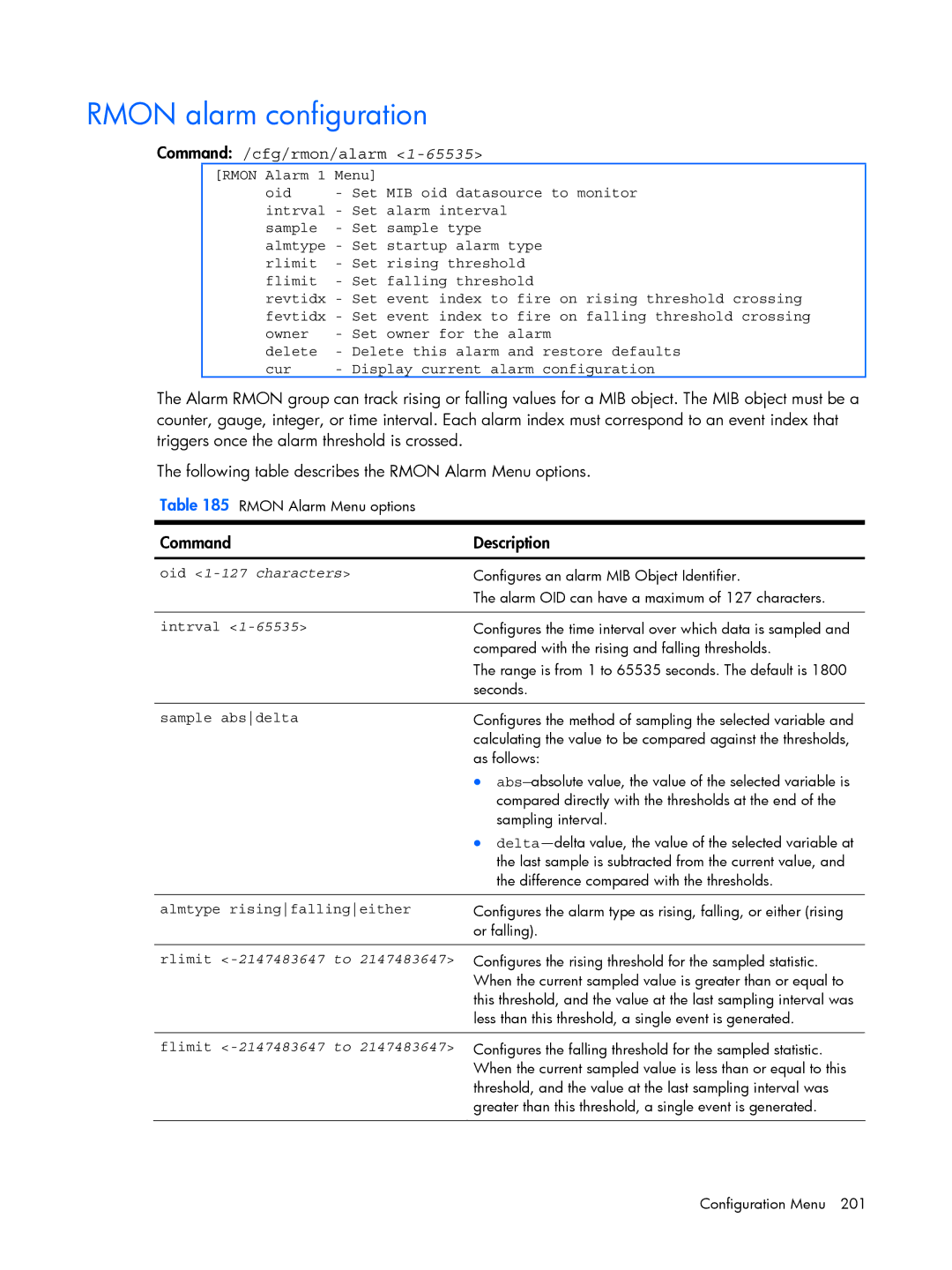 HP BMD00022 manual Rmon alarm configuration, Command /cfg/rmon/alarm, Oid 1-127 characters, Rlimit -2147483647 to 