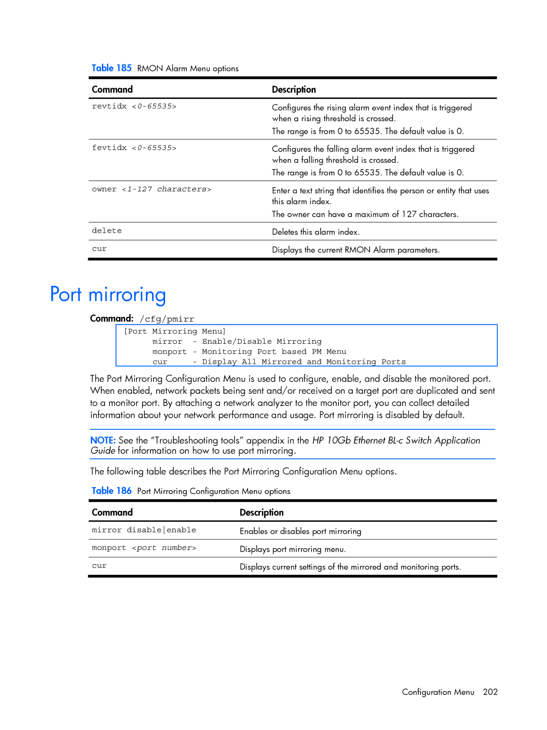 HP BMD00022 manual Port mirroring, Command /cfg/pmirr, Mirror disableenable, Monport port number 