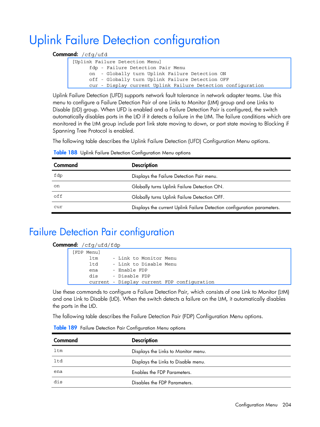 HP BMD00022 manual Uplink Failure Detection configuration, Failure Detection Pair configuration, Command /cfg/ufd, Fdp 