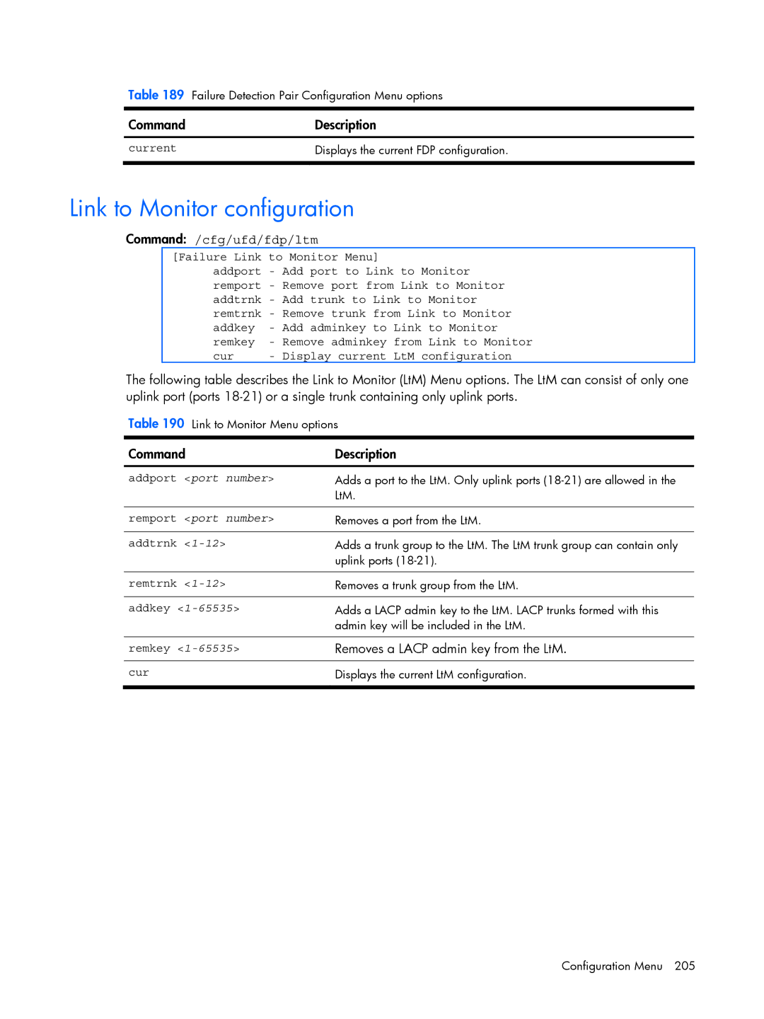 HP BMD00022 manual Link to Monitor configuration, Command /cfg/ufd/fdp/ltm, Removes a Lacp admin key from the LtM 