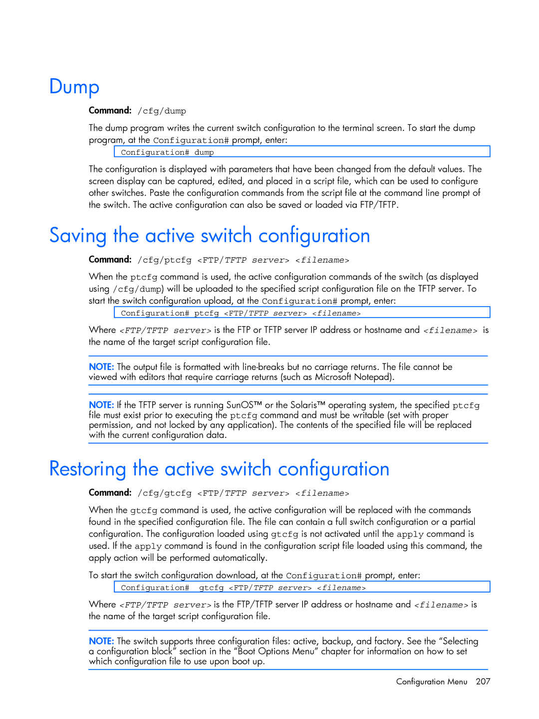 HP BMD00022 manual Dump, Saving the active switch configuration, Restoring the active switch configuration 